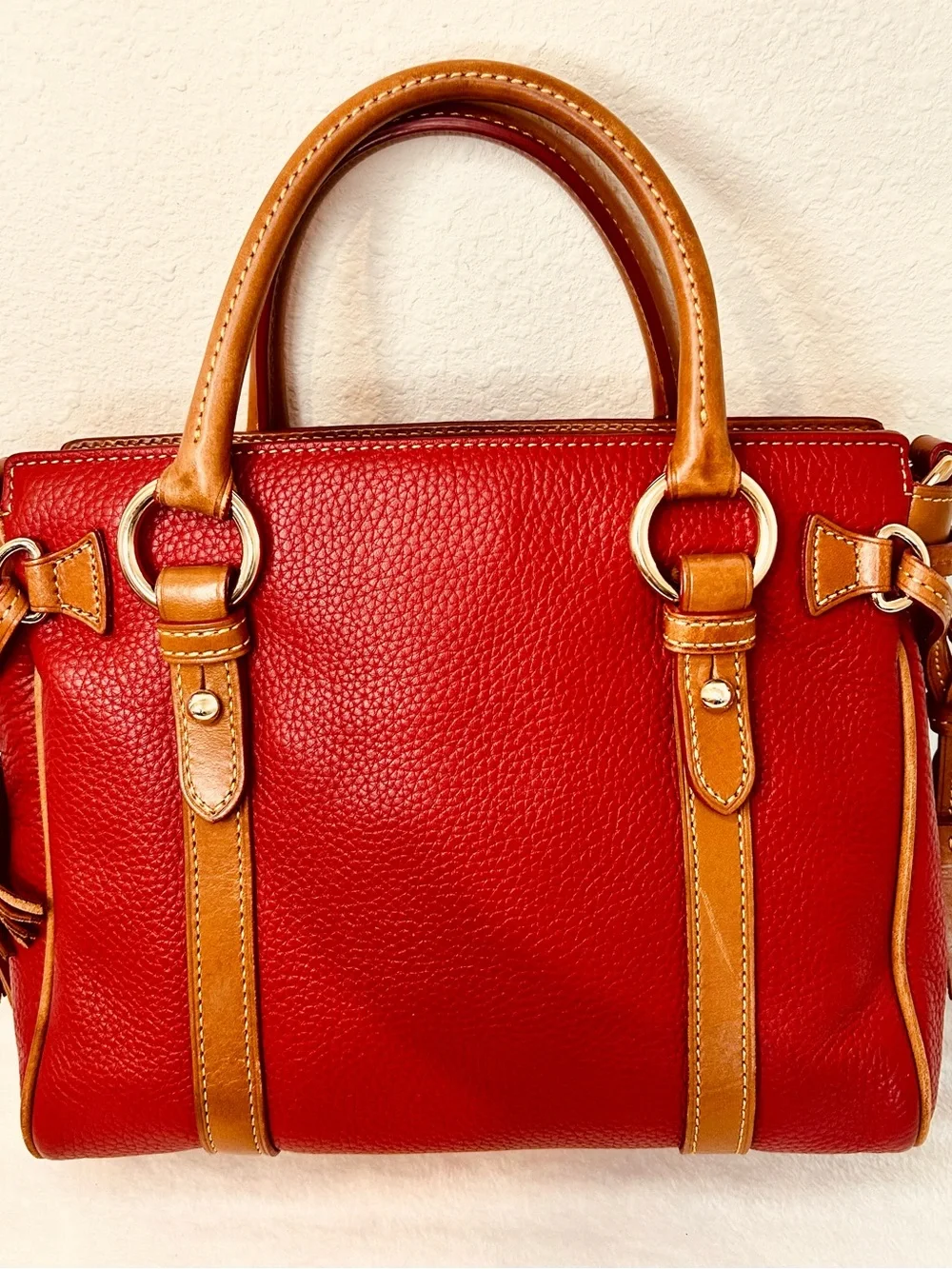 Dooney & Bourke Medium Pocket Satchel Cranberry Gold Hardware Pebbled Leather